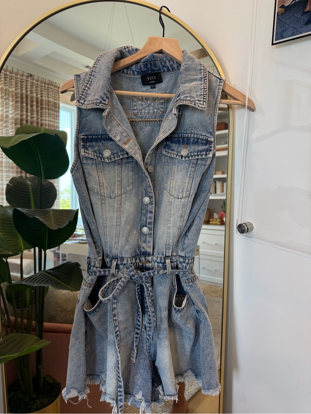 VICI Light Blue Washed Denim Sleeveless Mini Dress with Tie Waist